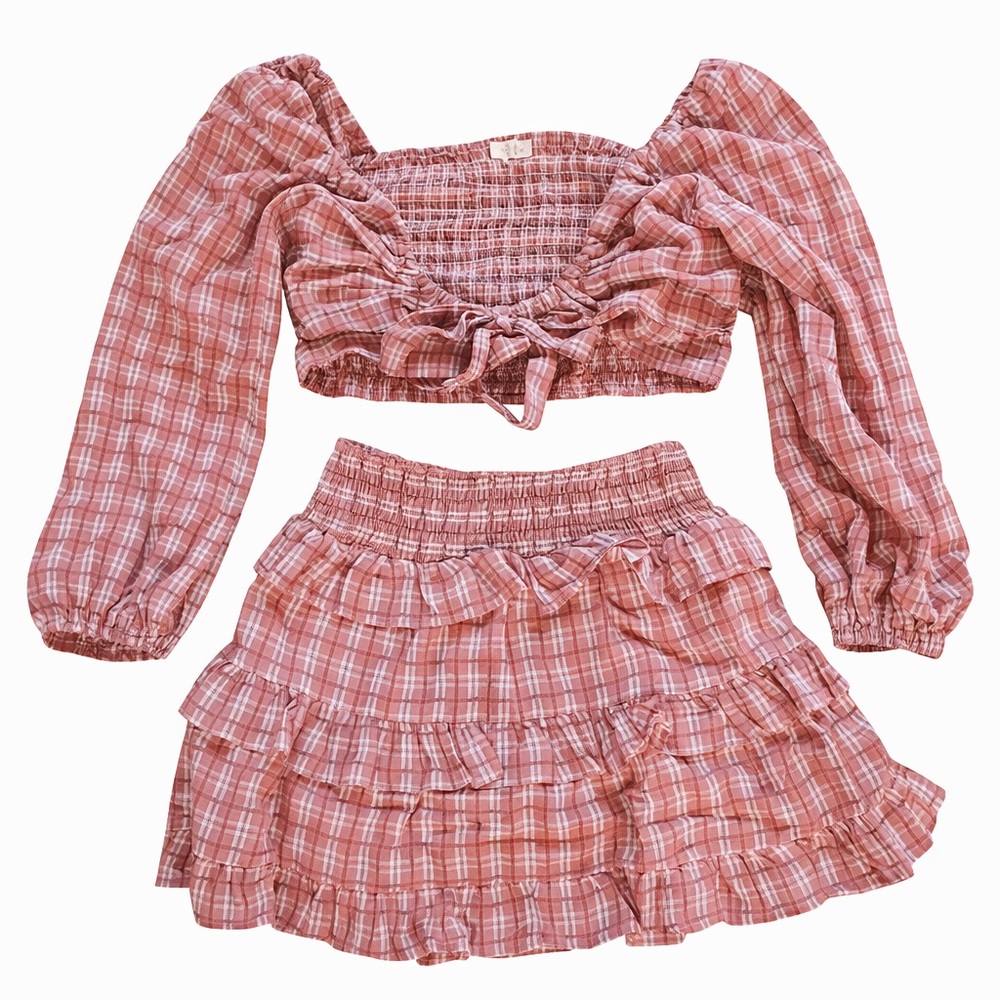 ILLA ILLA Pink Plaid Two-Piece Crop Top & Ruffle Skirt Set